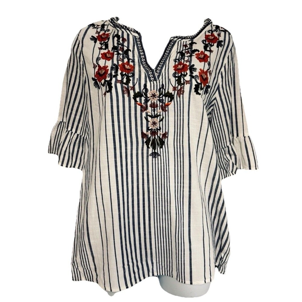 VTG Embroidered Floral Striped 3/4 Sleeves 100% Cotton Blouse Westport Women's M